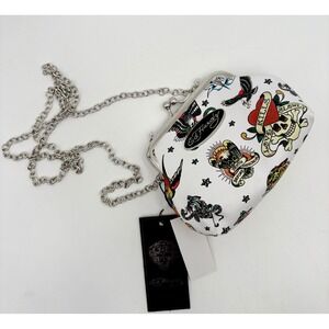 Ed Hardy White Tattoo Print Kiss Clasp Coin Purse Evening Bag With Chain
